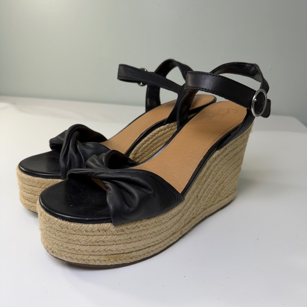 Crown Vintage Black Faux Leather Espadrille Wedge Sandals Platform Ankle Strap 9